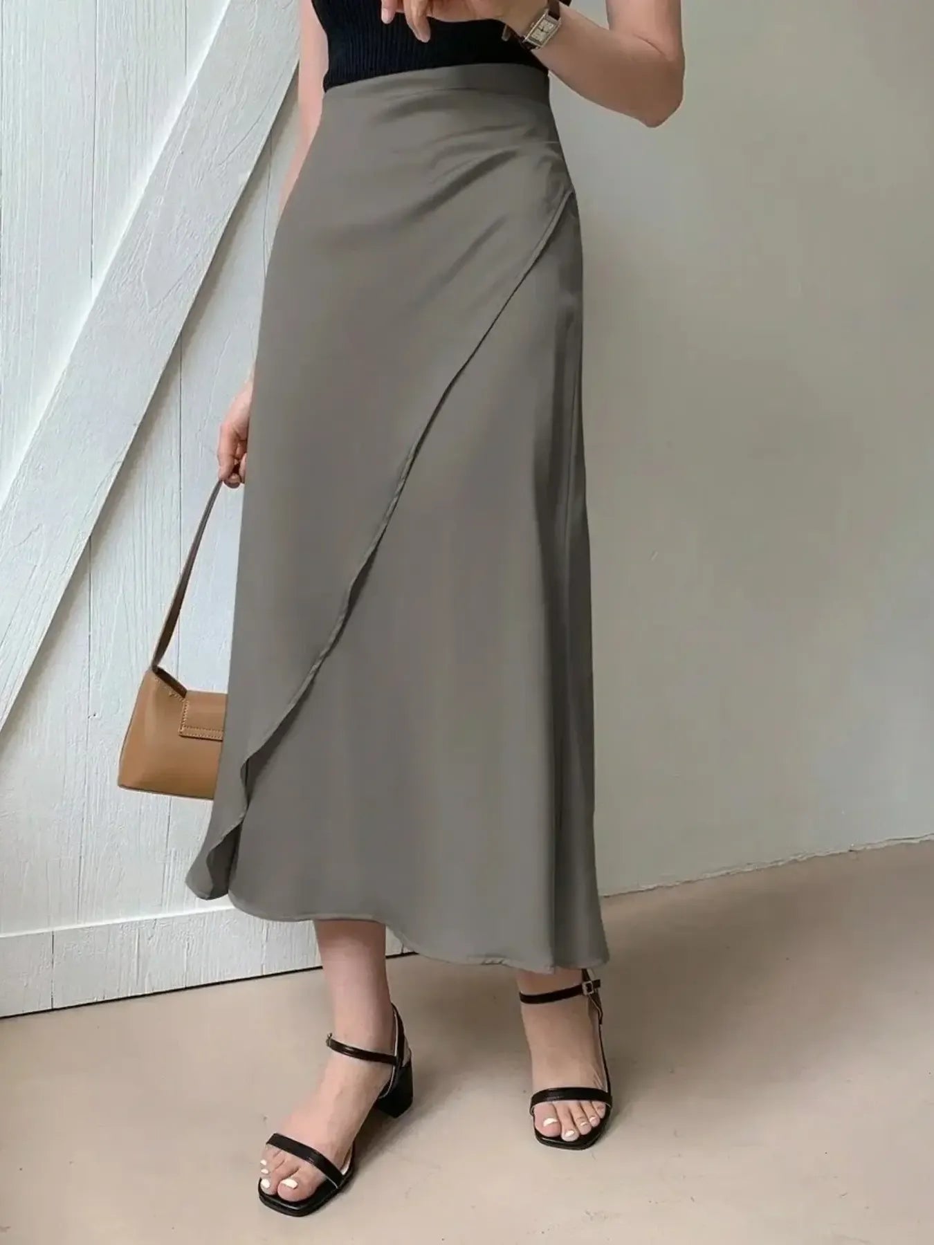 Asymmetric Wrap Midi Skirt with Fluted Hem - Grace Beauty H&C