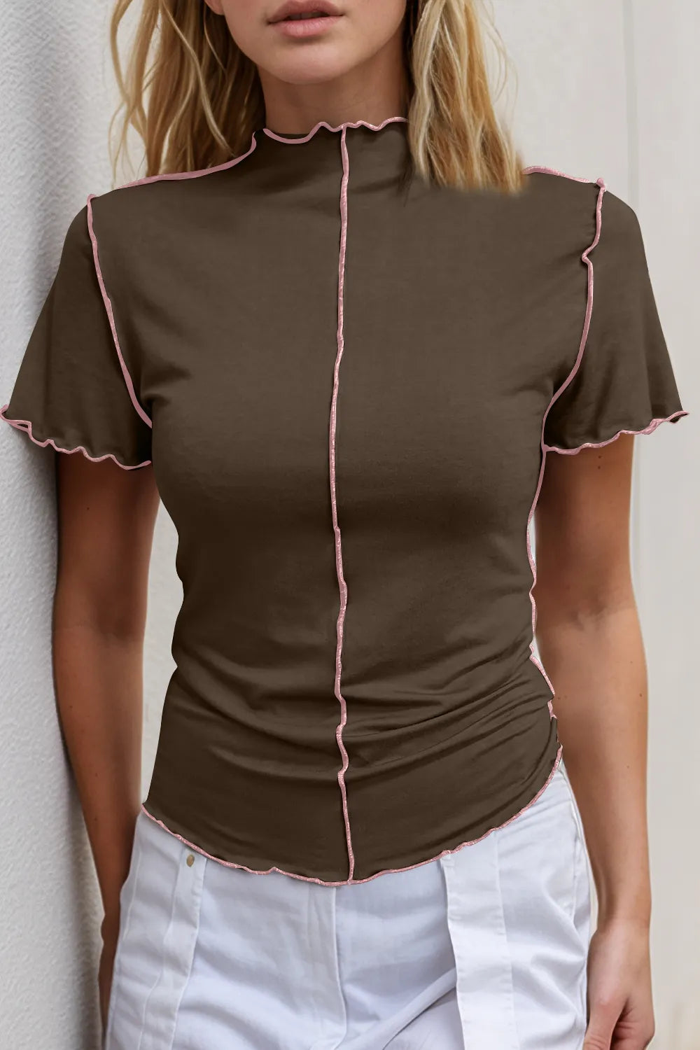 Basic Bae Contrast Trim Mock Neck Short Sleeve T-Shirt - Grace Beauty H&C