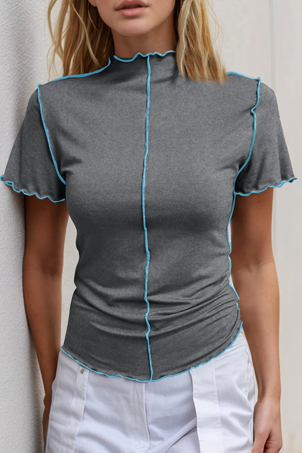 Basic Bae Contrast Trim Mock Neck Short Sleeve T-Shirt - Grace Beauty H&C