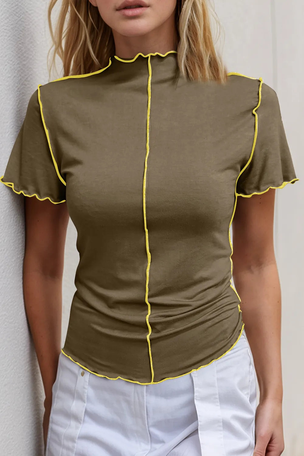Basic Bae Contrast Trim Mock Neck Short Sleeve T-Shirt - Grace Beauty H&C