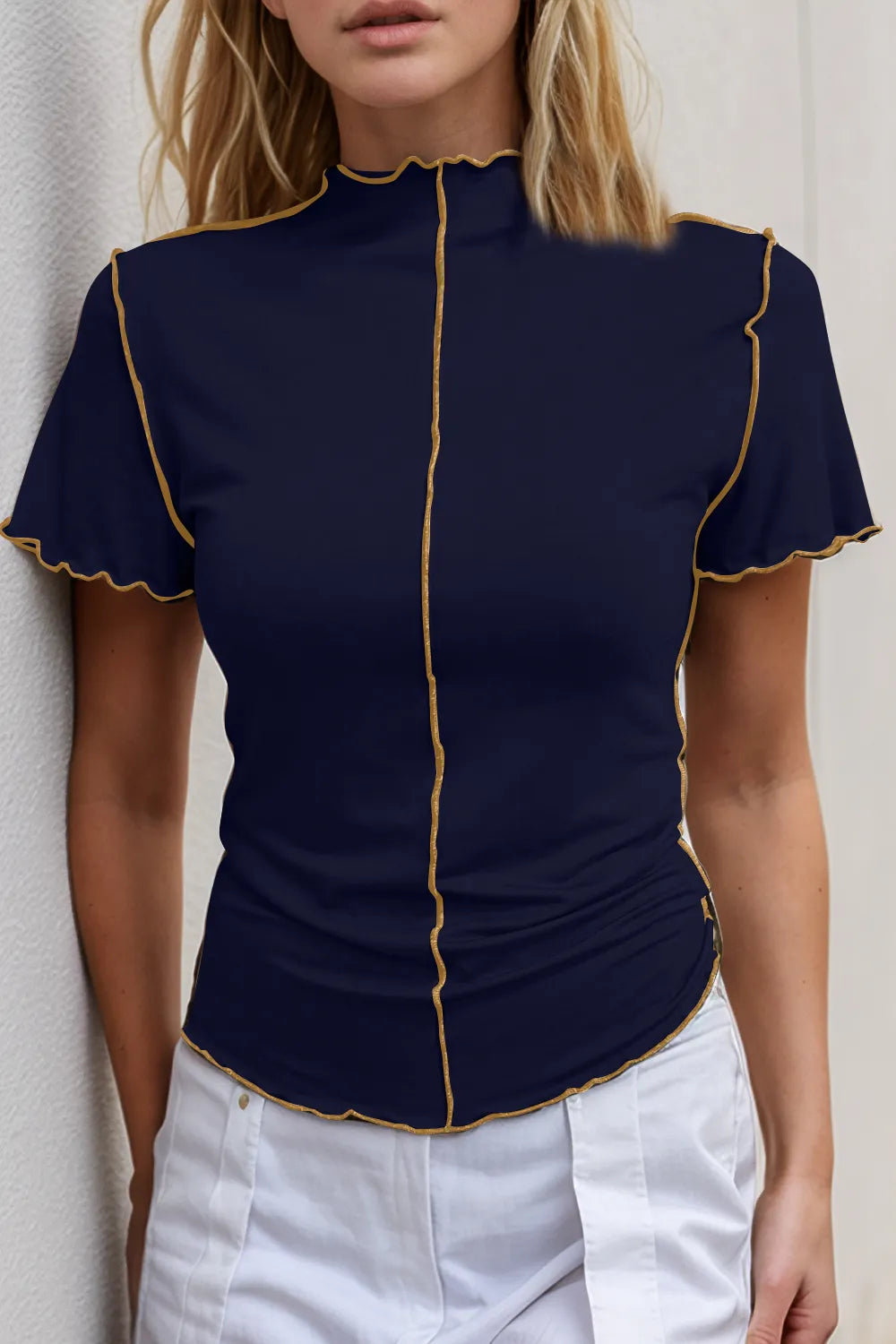 Basic Bae Contrast Trim Mock Neck Short Sleeve T-Shirt - Grace Beauty H&C