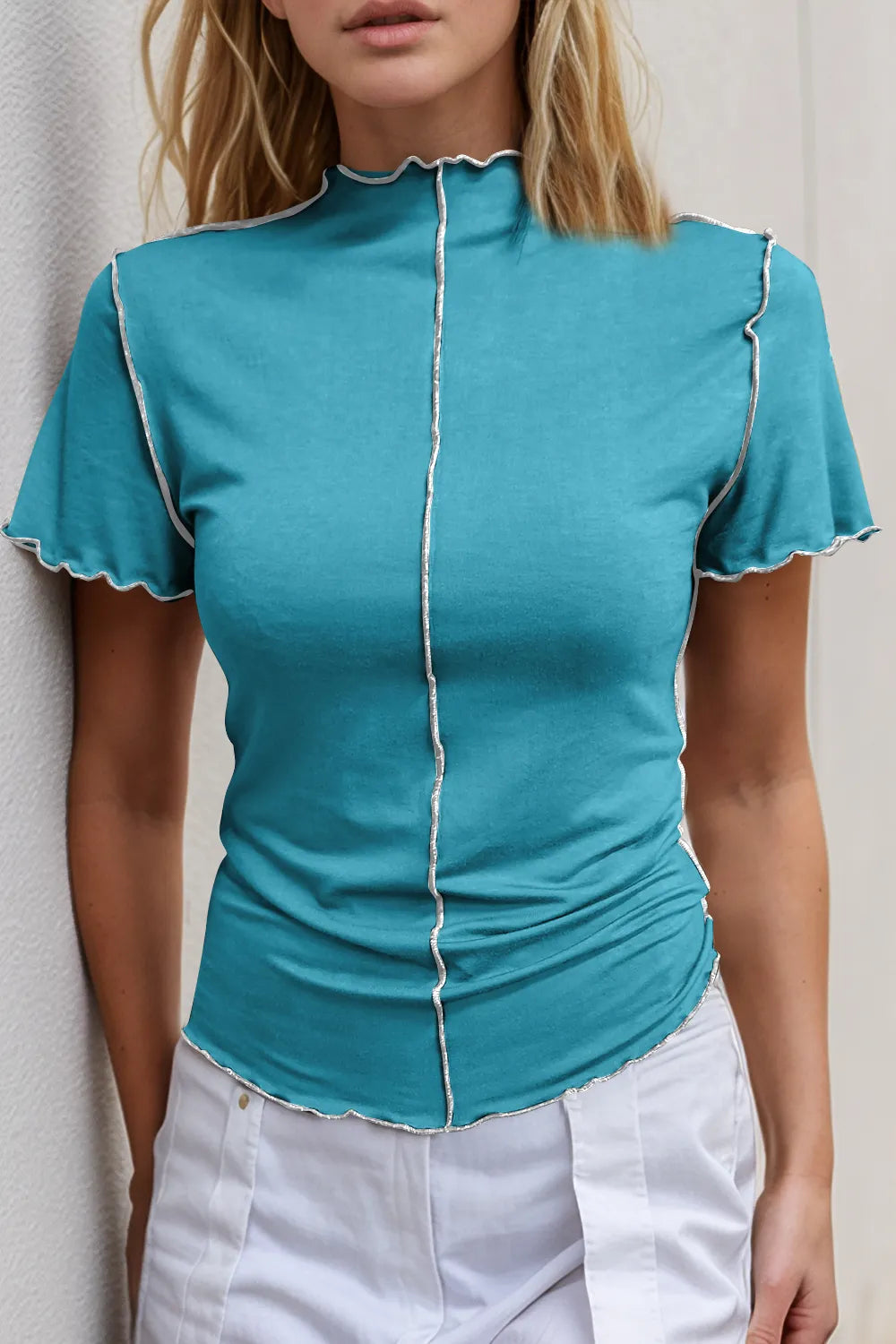 Basic Bae Contrast Trim Mock Neck Short Sleeve T-Shirt - Grace Beauty H&C