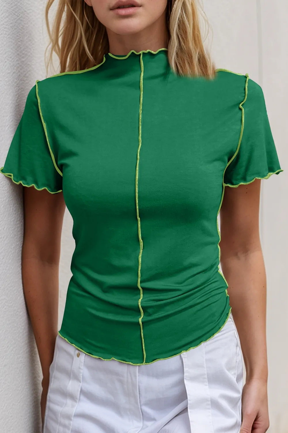 Basic Bae Contrast Trim Mock Neck Short Sleeve T-Shirt - Grace Beauty H&C