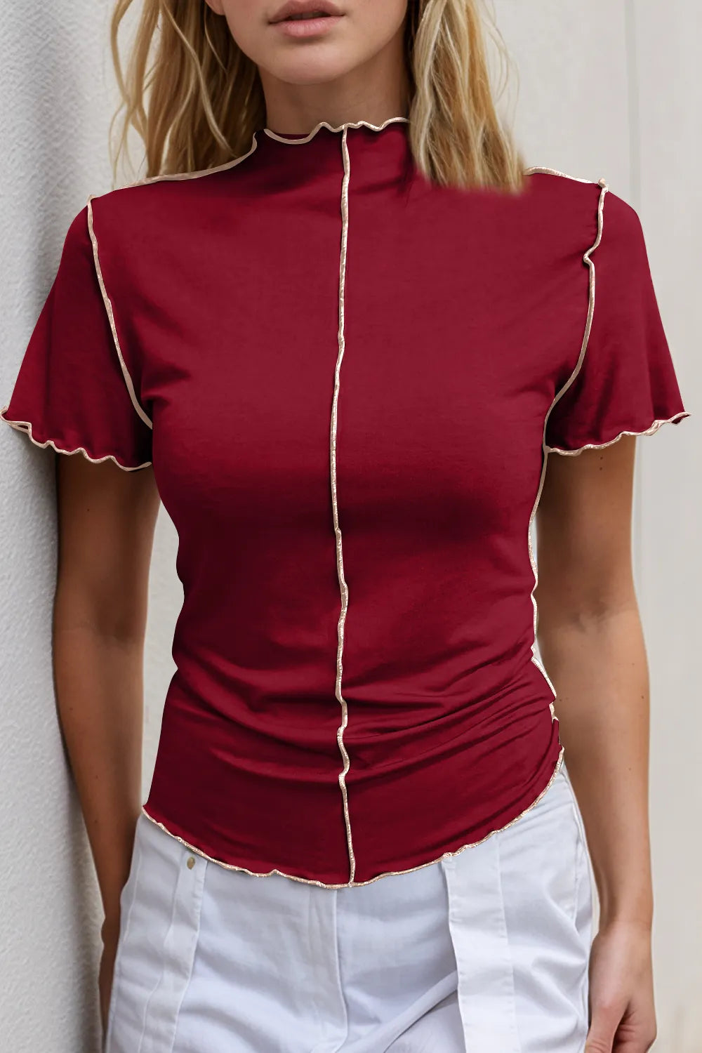 Basic Bae Contrast Trim Mock Neck Short Sleeve T-Shirt - Grace Beauty H&C