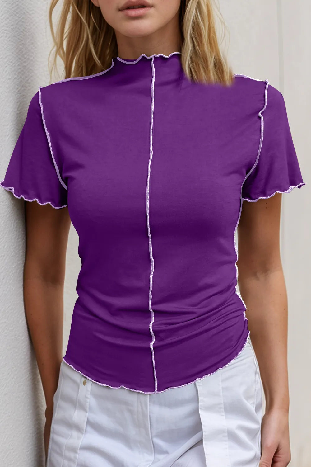 Basic Bae Contrast Trim Mock Neck Short Sleeve T-Shirt - Grace Beauty H&C