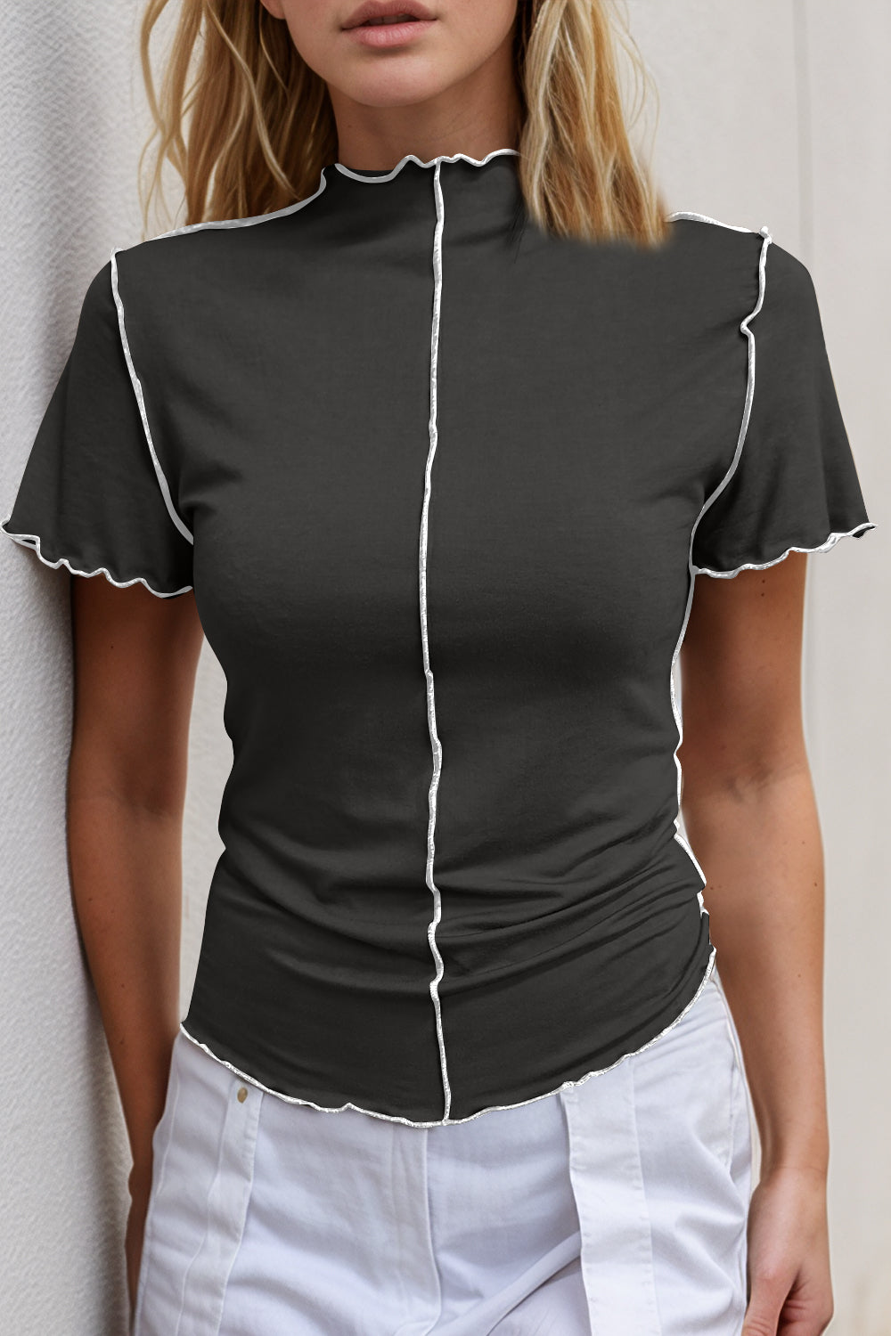 Basic Bae Contrast Trim Mock Neck Short Sleeve T-Shirt - Grace Beauty H&C