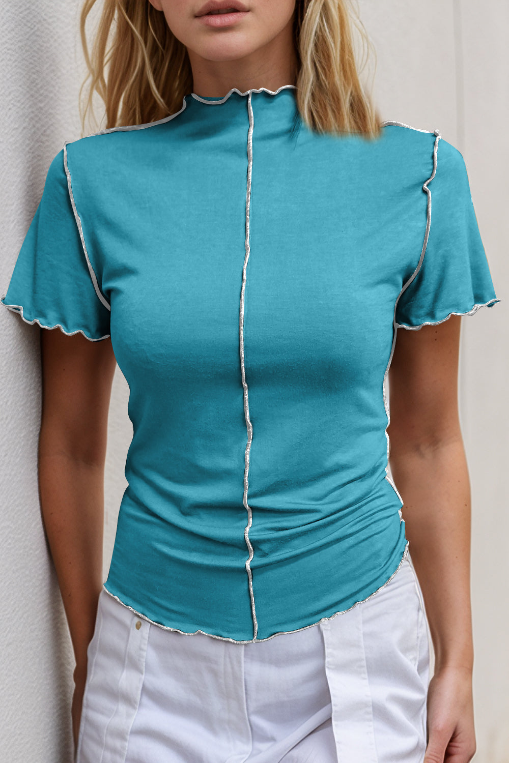 Basic Bae Contrast Trim Mock Neck Short Sleeve T-Shirt - Grace Beauty H&C