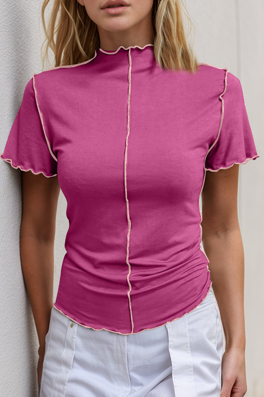Basic Bae Contrast Trim Mock Neck Short Sleeve T-Shirt - Grace Beauty H&C