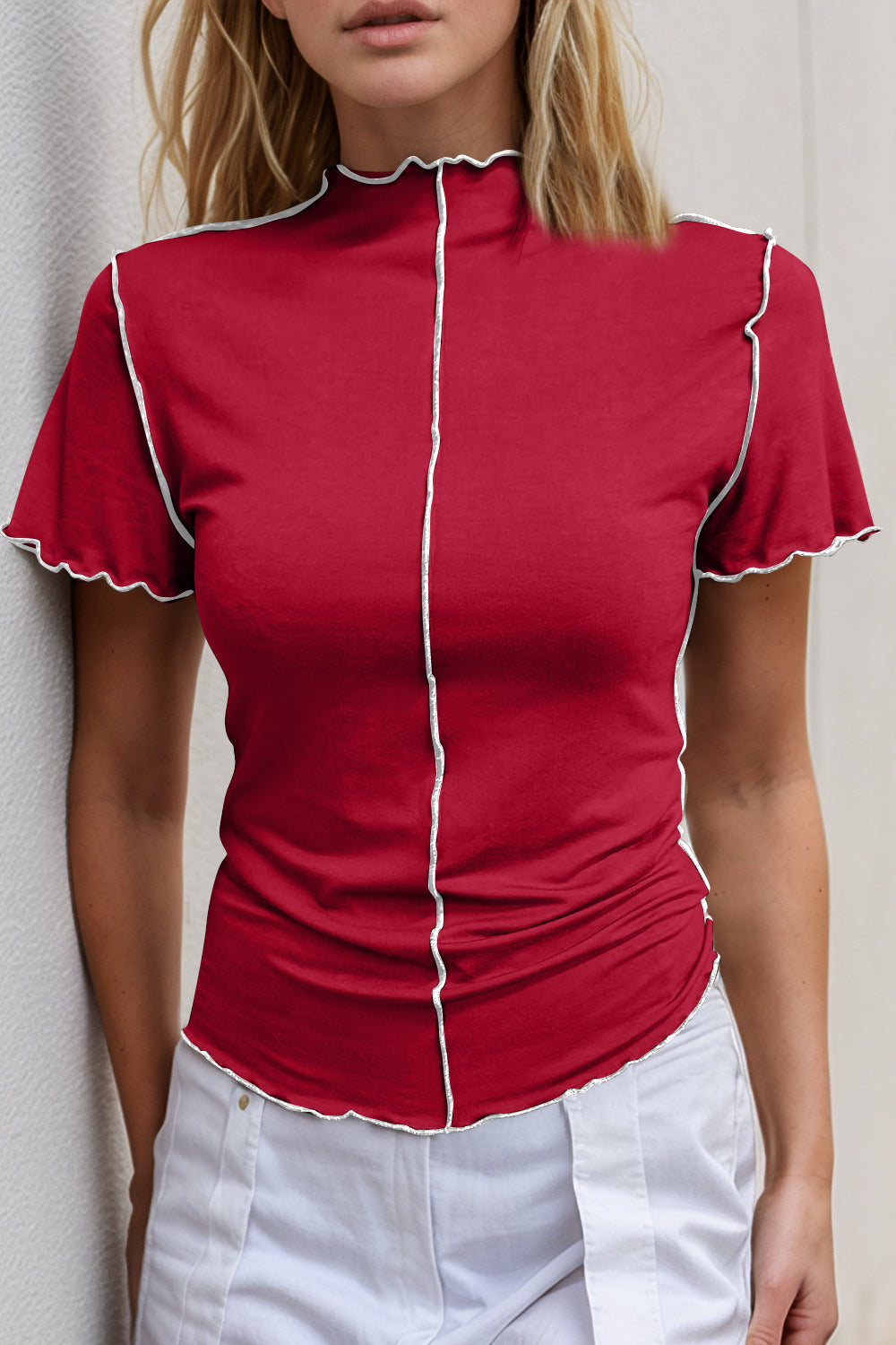 Basic Bae Contrast Trim Mock Neck Short Sleeve T-Shirt - Grace Beauty H&C