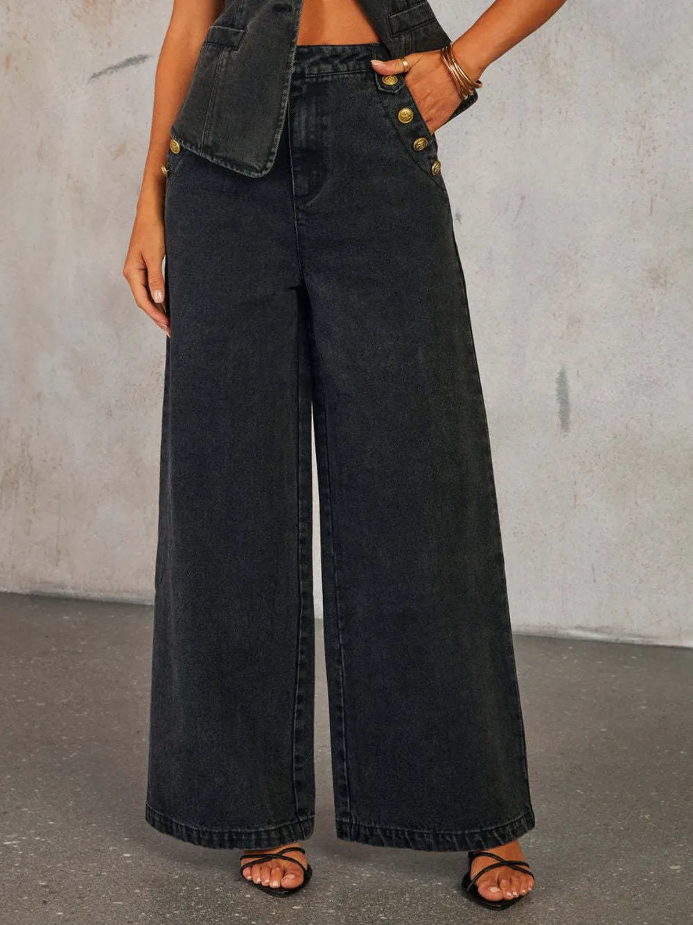 Button Down Vest and Wide Leg Jeans Denim Set - Grace Beauty H&C