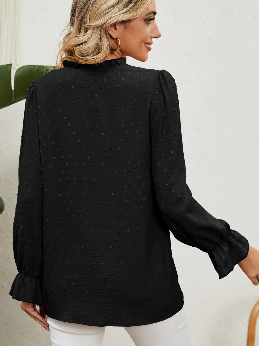 Button Up Flounce Sleeve V-Neck Shirt - Grace Beauty H&C