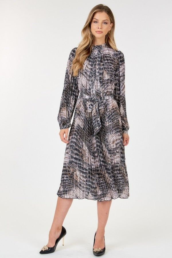 Long Sleeve Pleated Snake Skin Print Midi Dress - Grace Beauty H&C
