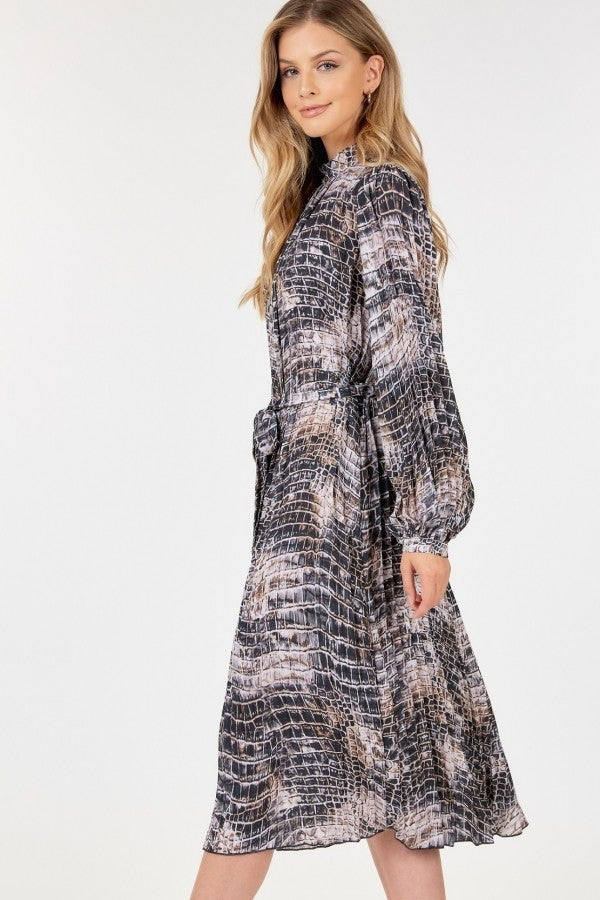 Long Sleeve Pleated Snake Skin Print Midi Dress - Grace Beauty H&C