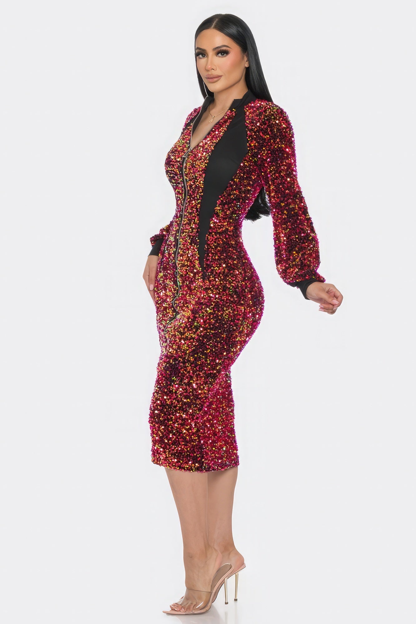 Midi 2 Way Zip Up Sequin Contrast Dress - Grace Beauty H&C