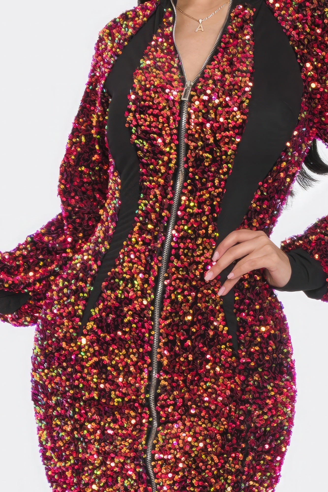 Midi 2 Way Zip Up Sequin Contrast Dress - Grace Beauty H&C