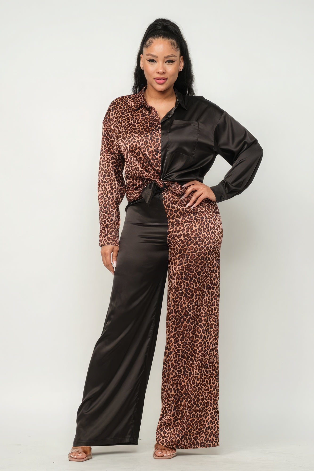 Half Animal Print And Half Solid Top And Pants Set - Grace Beauty H&C