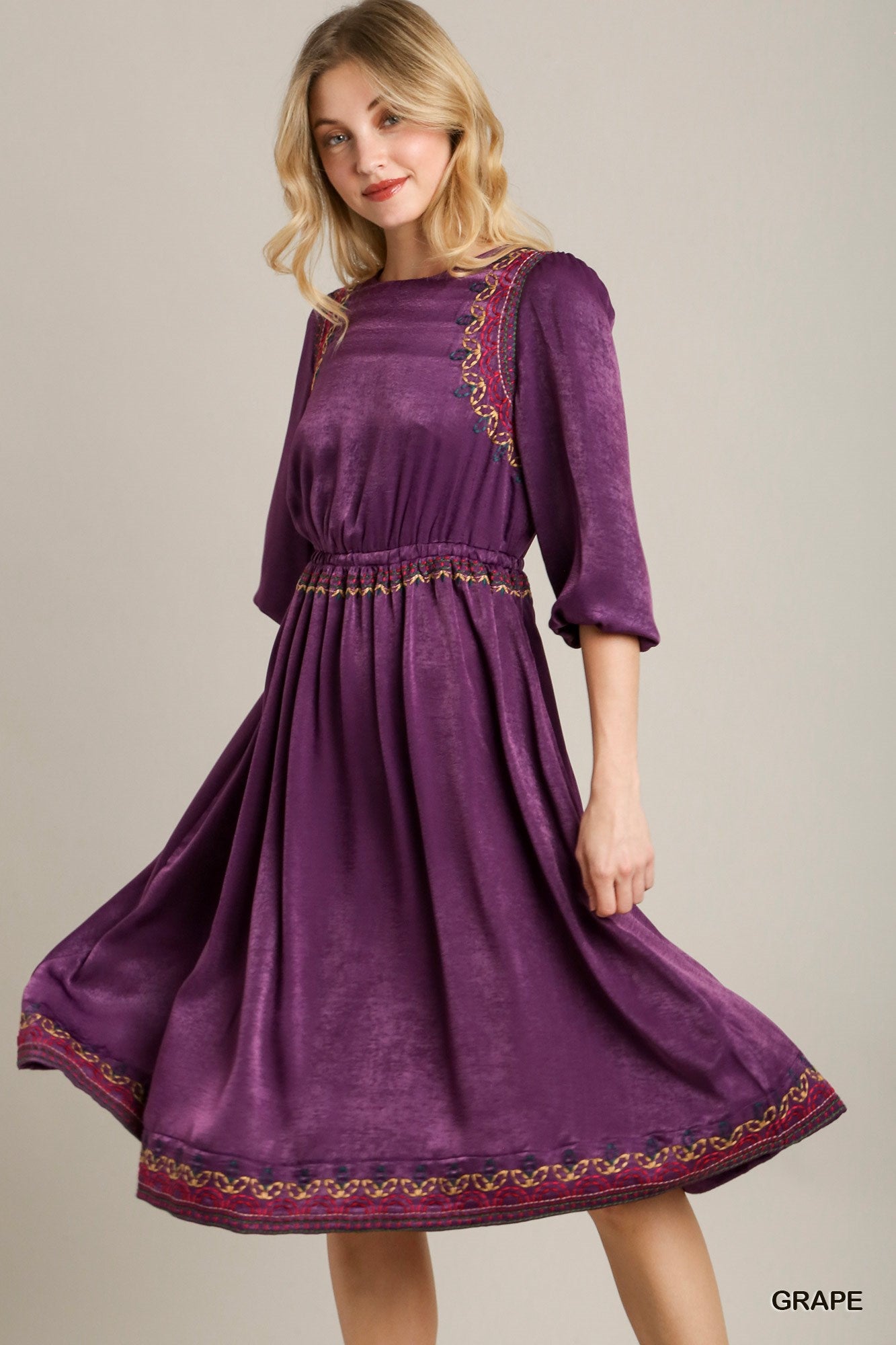 Satin Round Neck Embroidery Midi Dress - Grace Beauty H&C