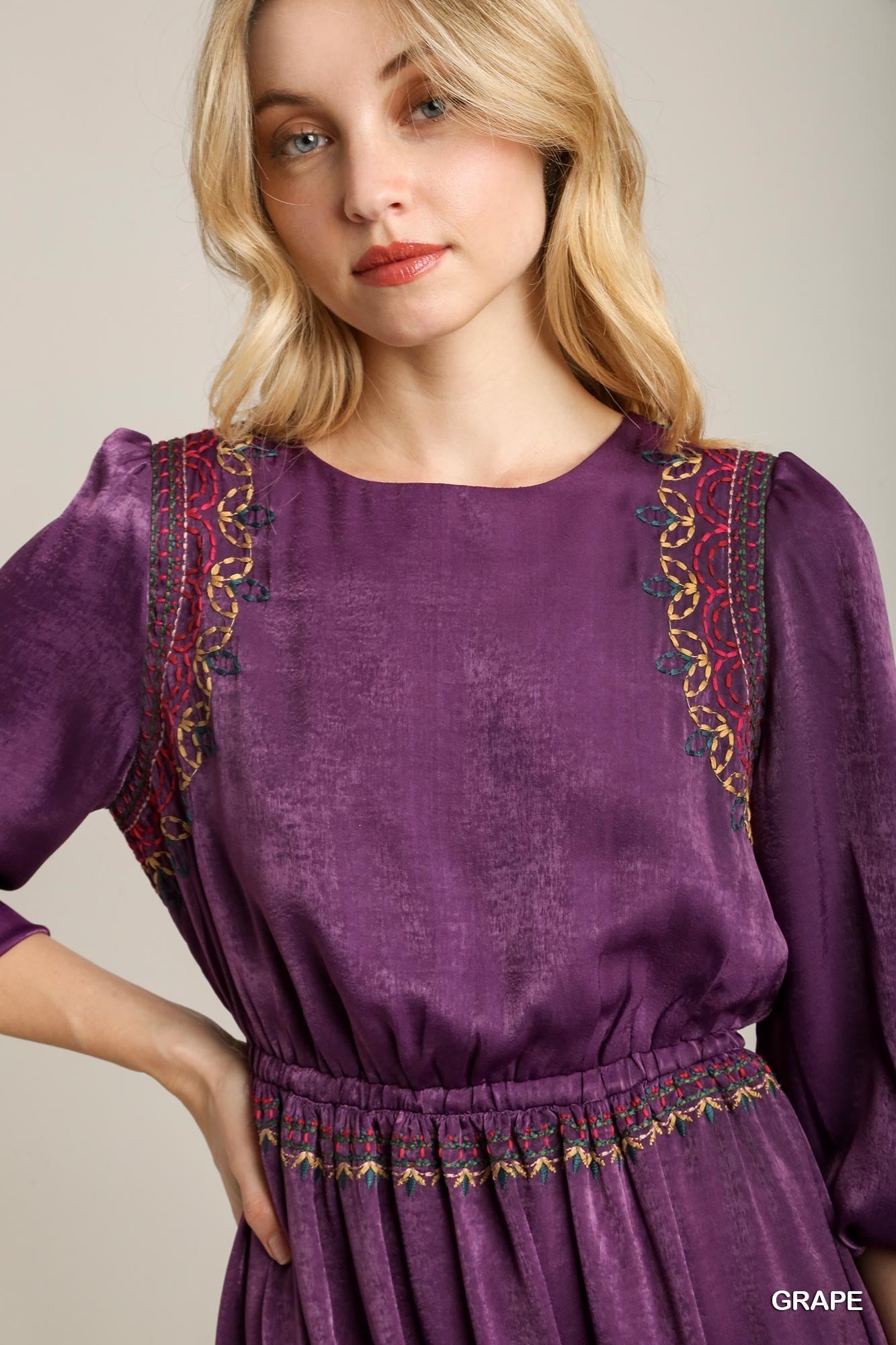 Satin Round Neck Embroidery Midi Dress - Grace Beauty H&C