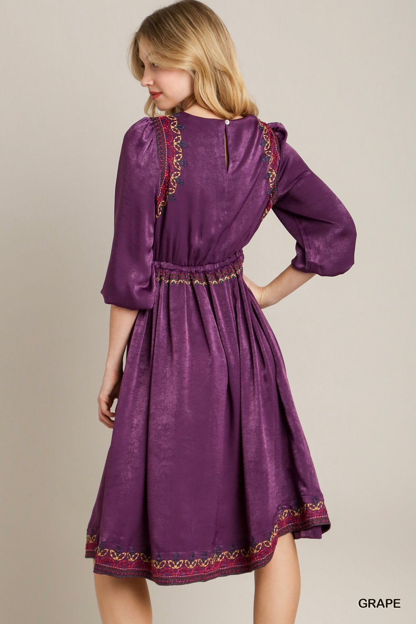 Satin Round Neck Embroidery Midi Dress - Grace Beauty H&C