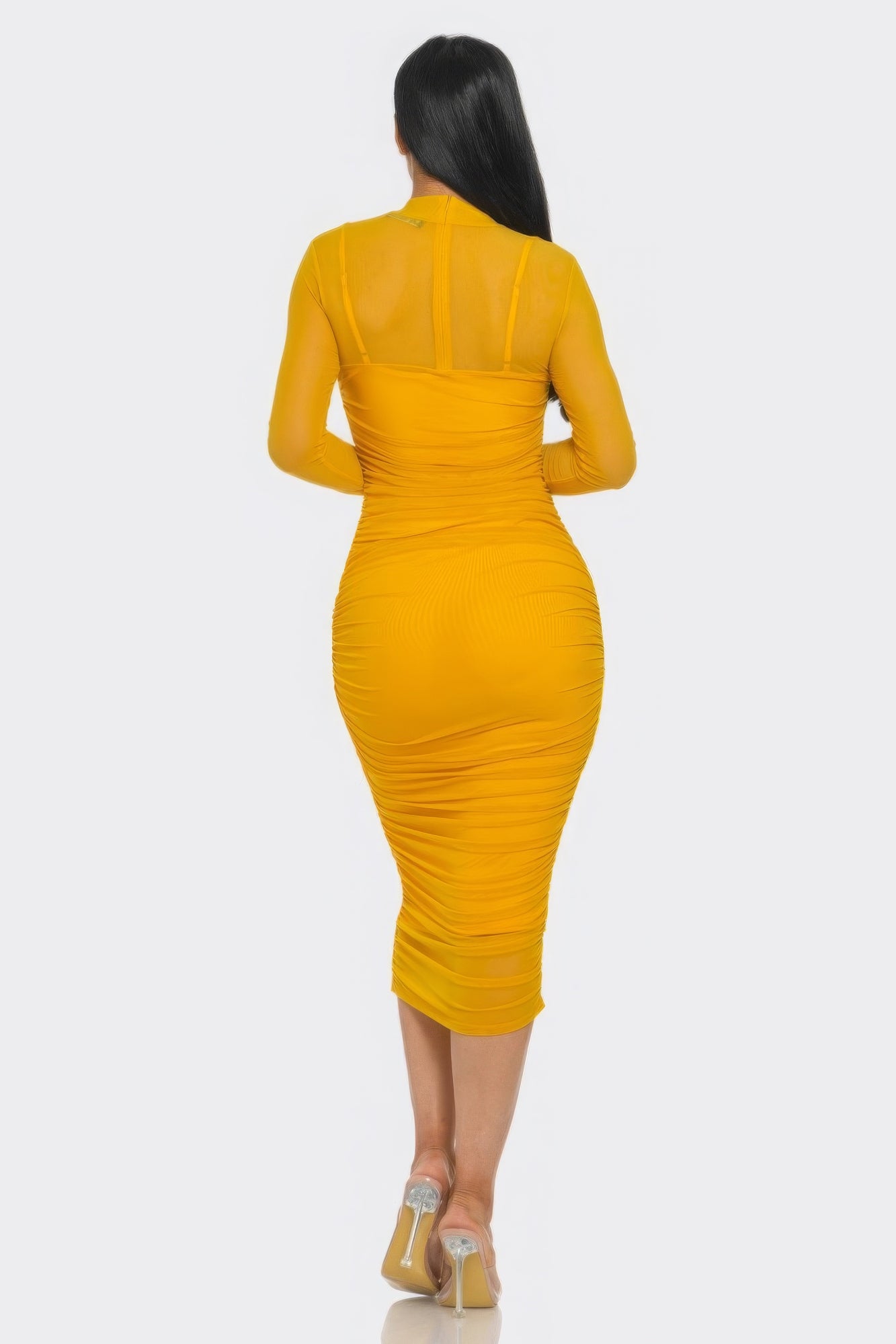 Solid Mesh Ruched Midi Dress - Grace Beauty H&C