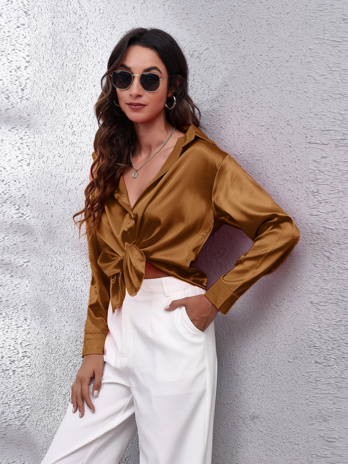 Collared Neck Buttoned Long Sleeve Shirt - Grace Beauty H&C