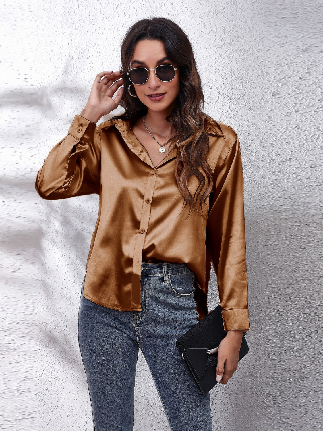 Collared Neck Buttoned Long Sleeve Shirt - Grace Beauty H&C