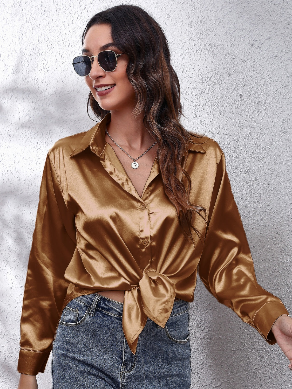 Collared Neck Buttoned Long Sleeve Shirt - Grace Beauty H&C