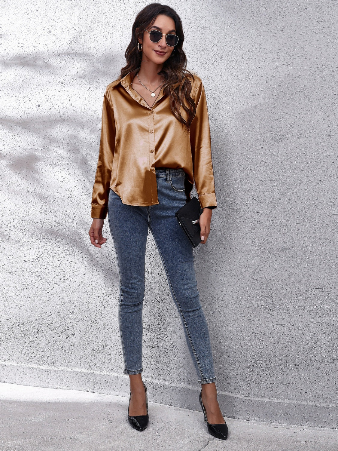 Collared Neck Buttoned Long Sleeve Shirt - Grace Beauty H&C