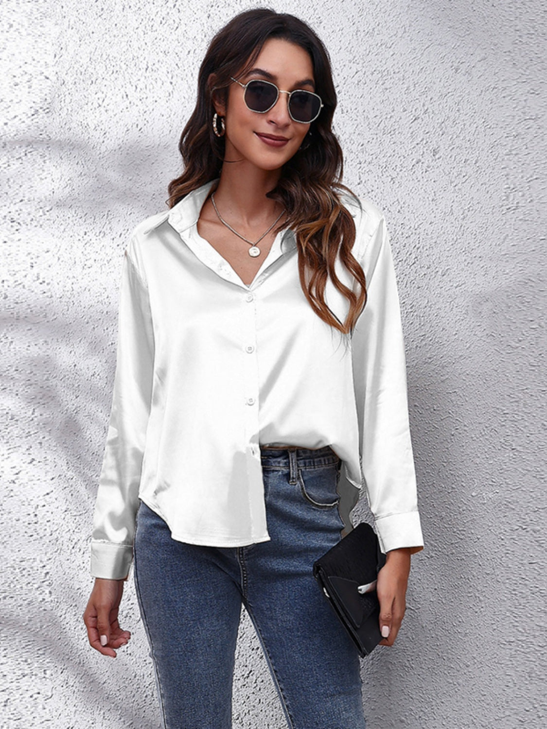 Collared Neck Buttoned Long Sleeve Shirt - Grace Beauty H&C