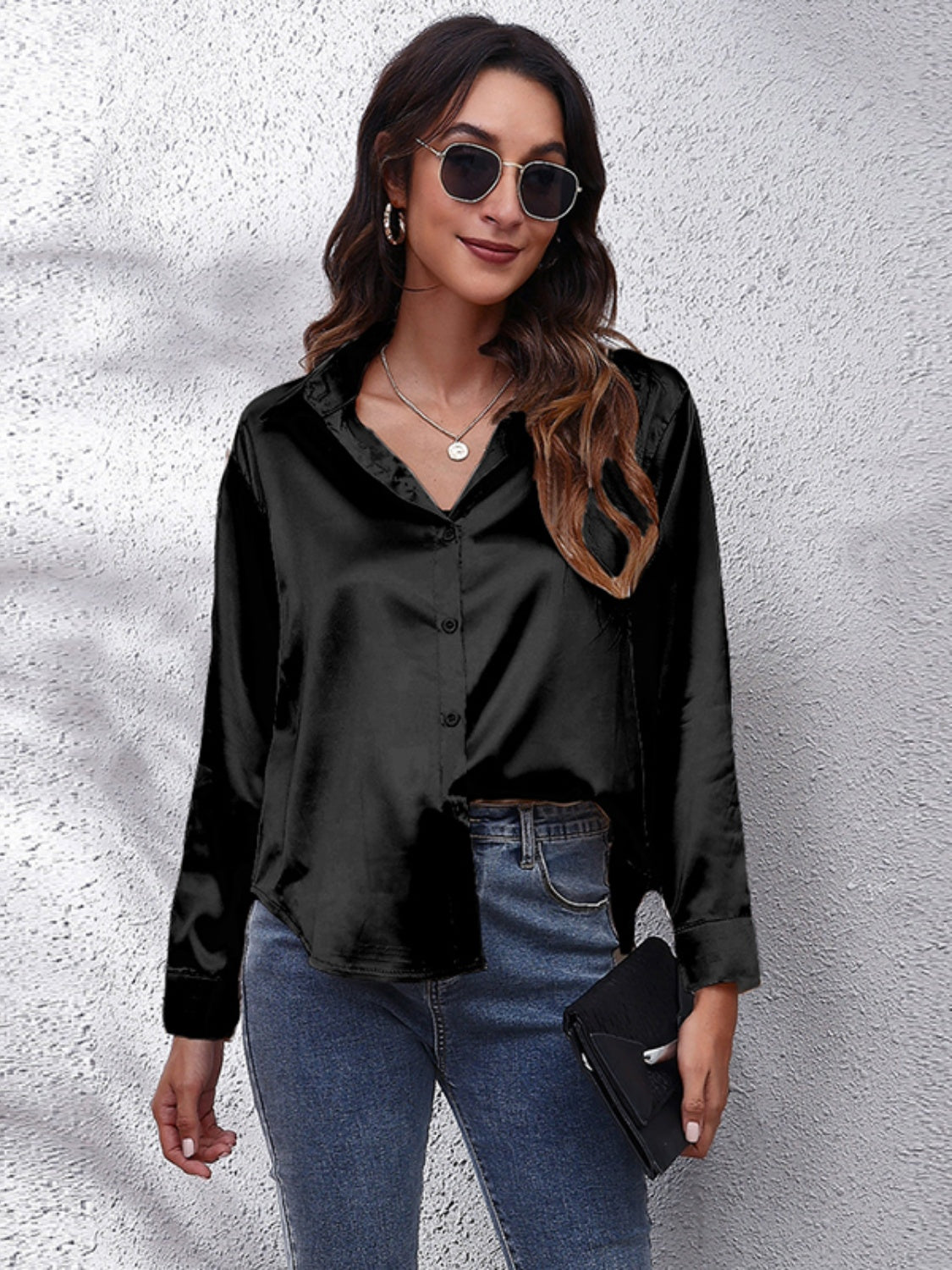 Collared Neck Buttoned Long Sleeve Shirt - Grace Beauty H&C