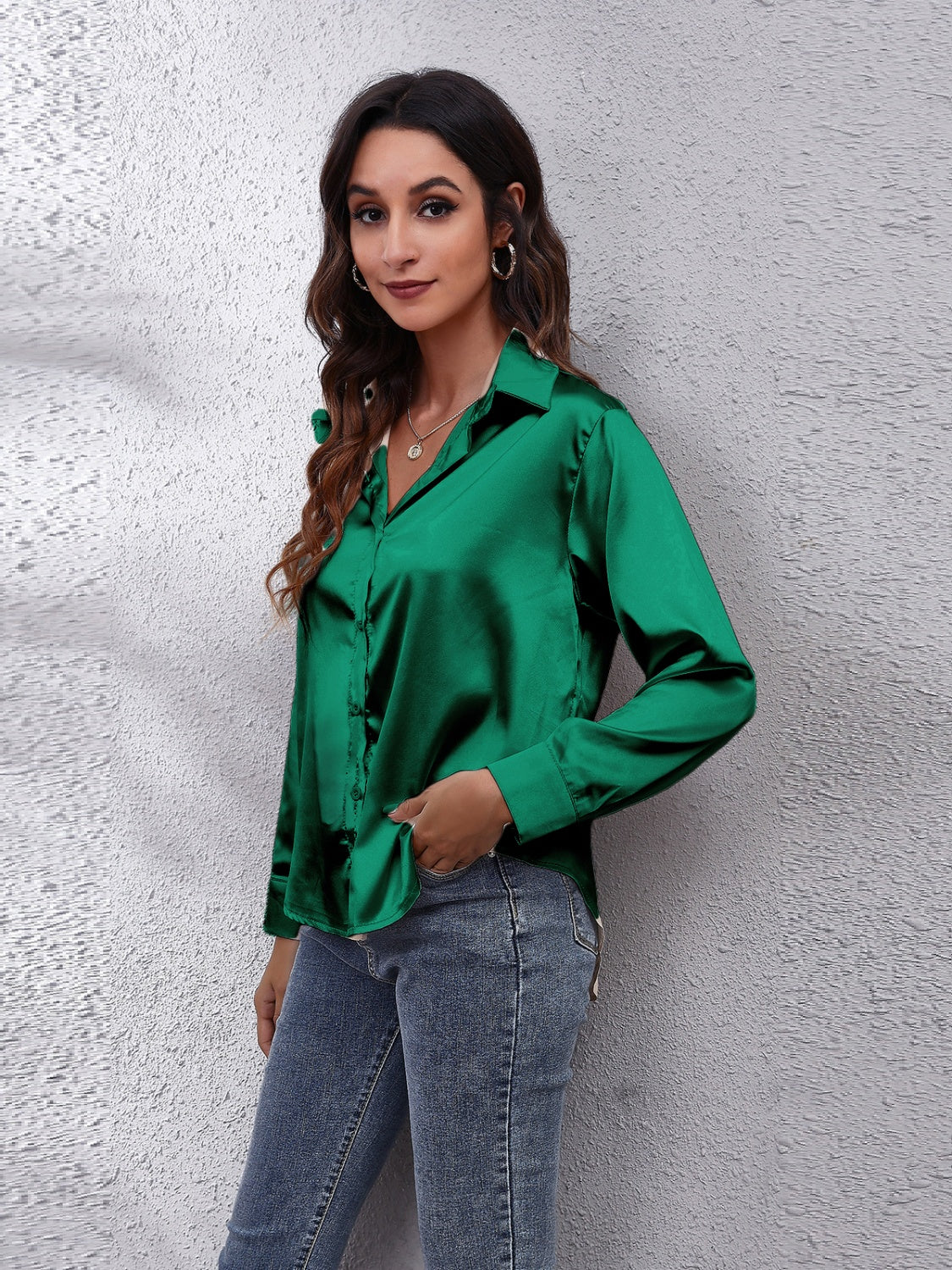 Collared Neck Buttoned Long Sleeve Shirt - Grace Beauty H&C