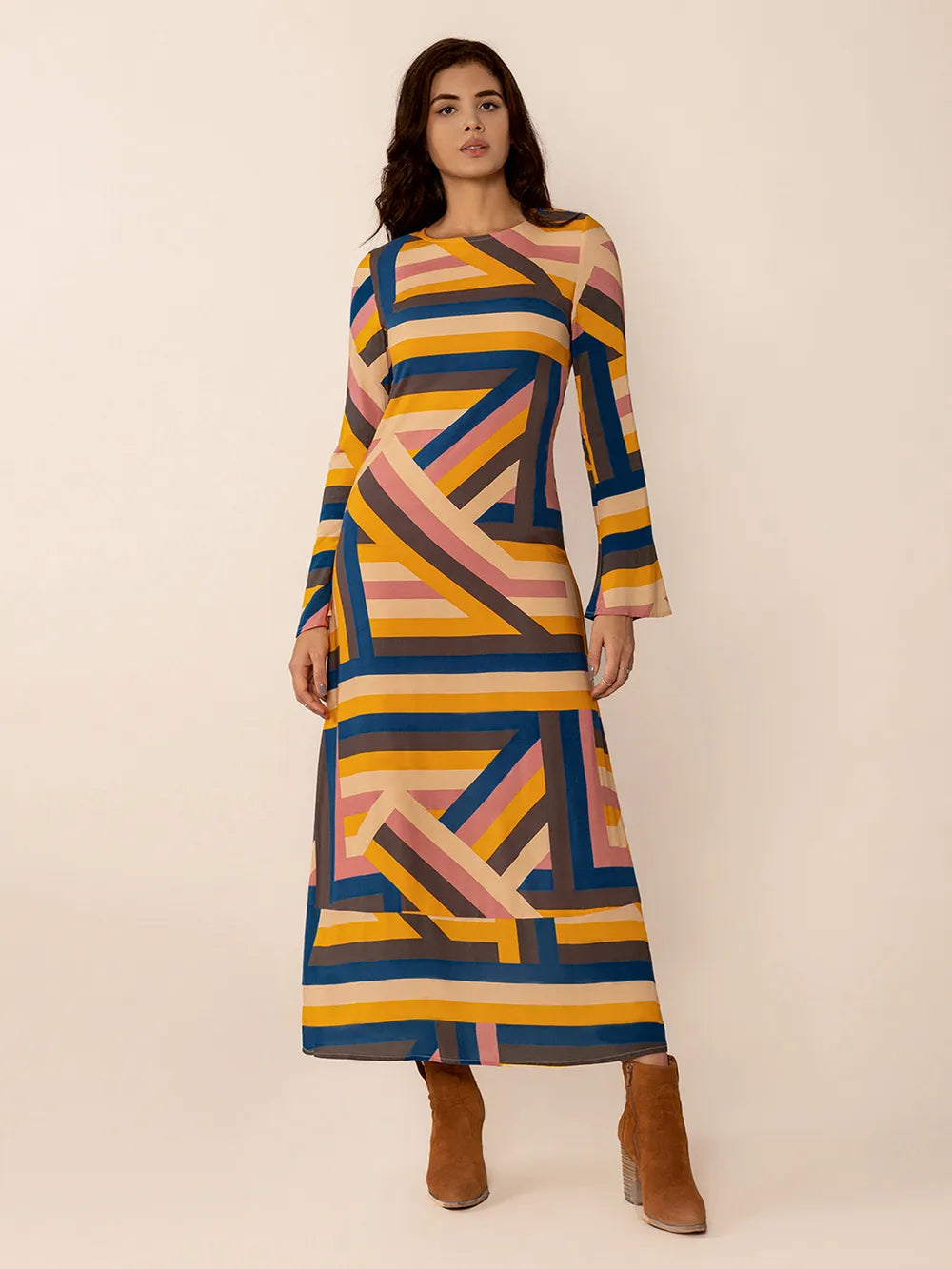 Contrast Round Neck Flare Sleeve Midi Dress - Grace Beauty H&C