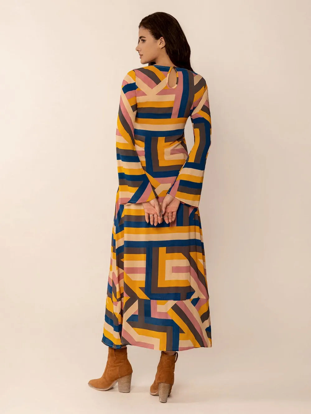 Contrast Round Neck Flare Sleeve Midi Dress - Grace Beauty H&C