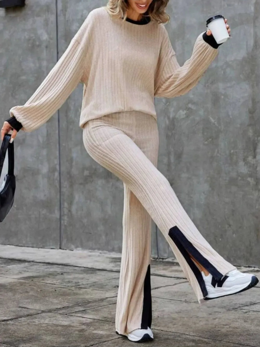 Contrast Round Neck Long Sleeve Top and Bootcut Pants Set - Grace Beauty H&C