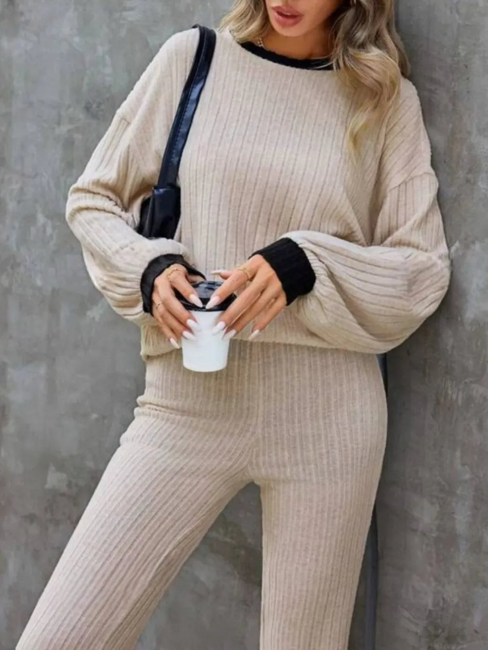 Contrast Round Neck Long Sleeve Top and Bootcut Pants Set - Grace Beauty H&C