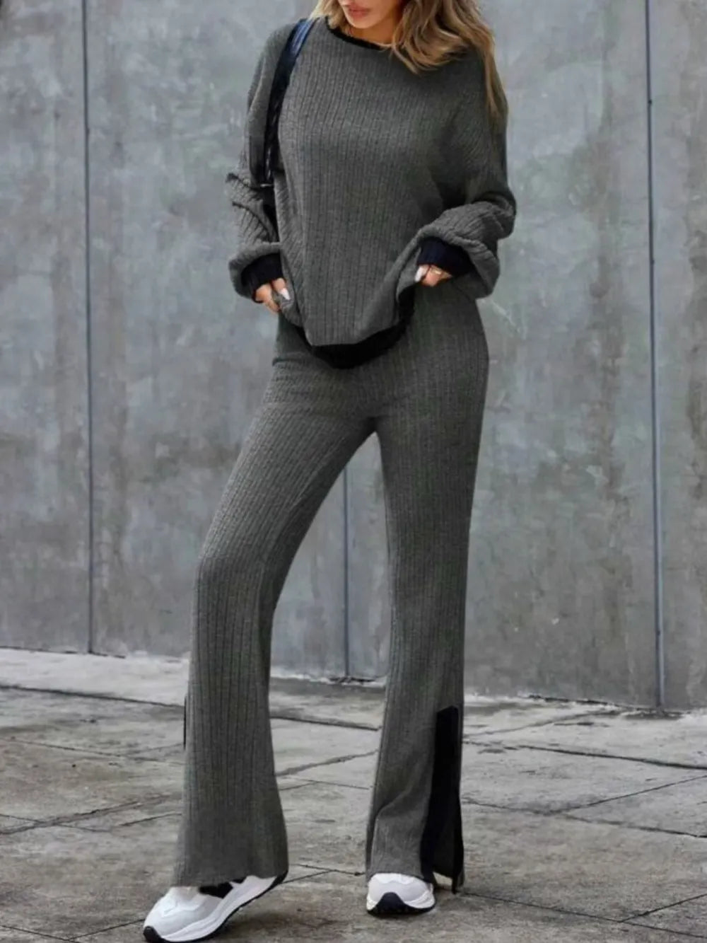 Contrast Round Neck Long Sleeve Top and Bootcut Pants Set - Grace Beauty H&C