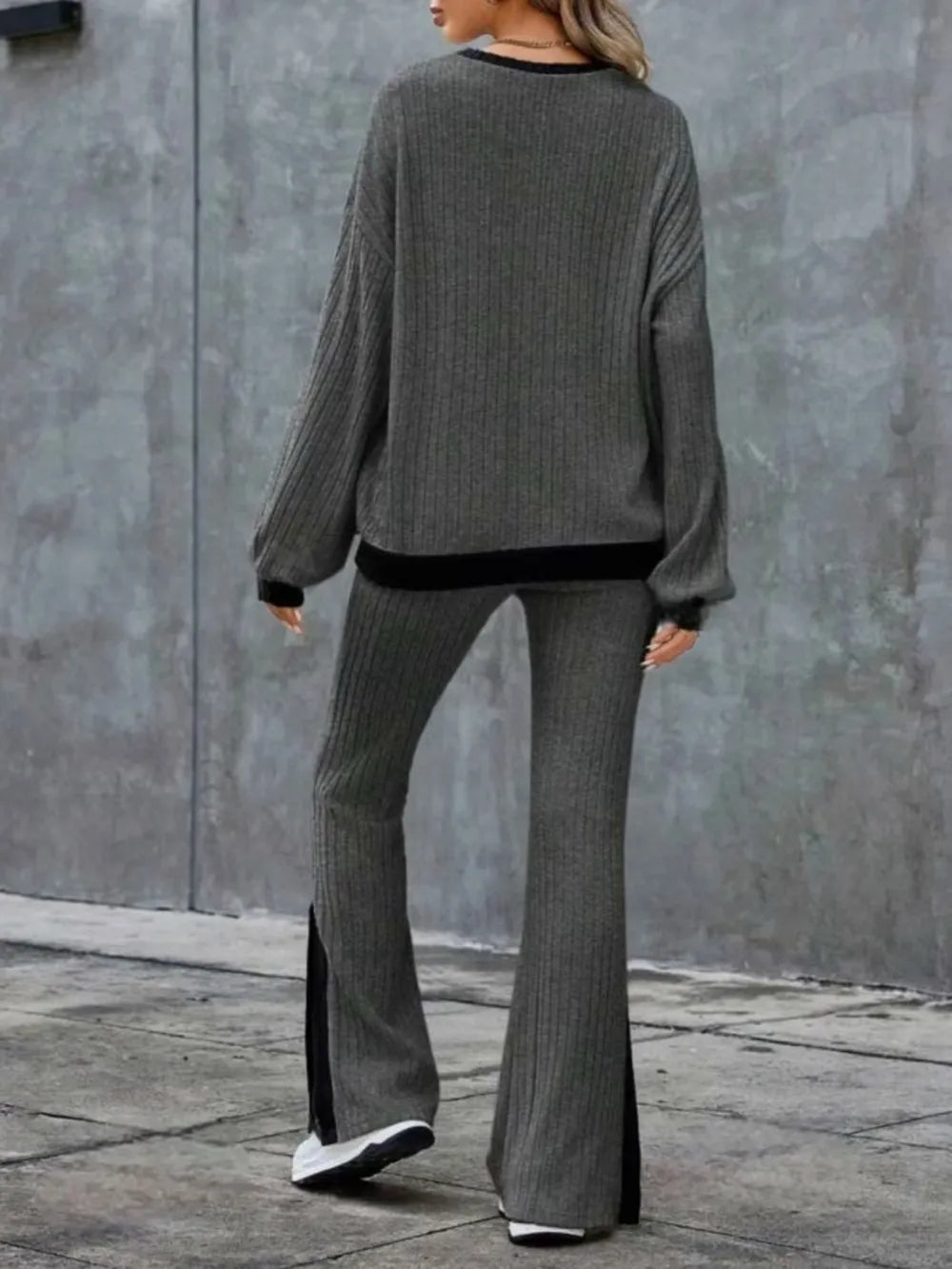 Contrast Round Neck Long Sleeve Top and Bootcut Pants Set - Grace Beauty H&C