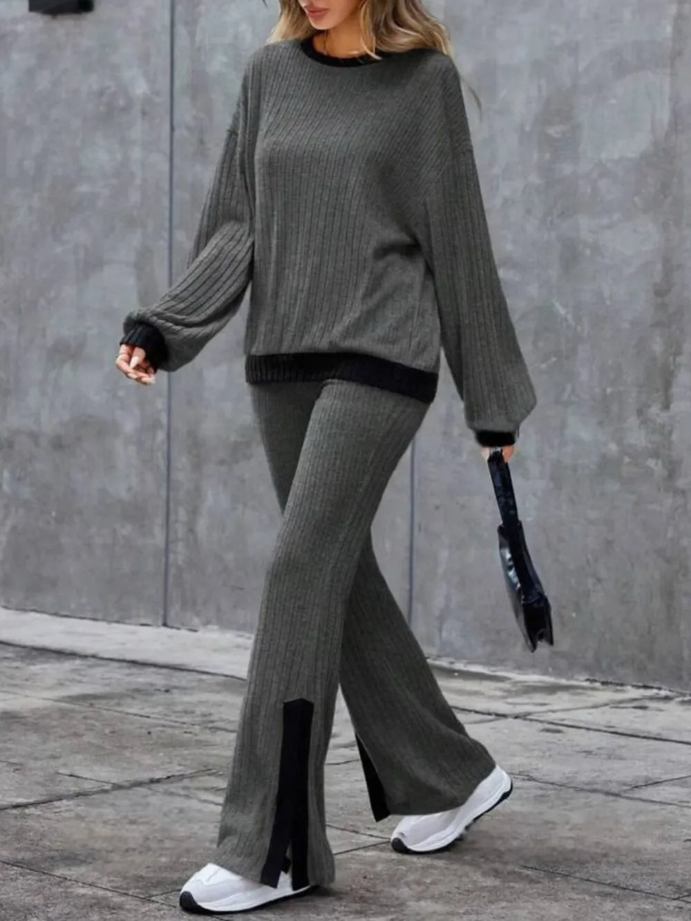 Contrast Round Neck Long Sleeve Top and Bootcut Pants Set - Grace Beauty H&C