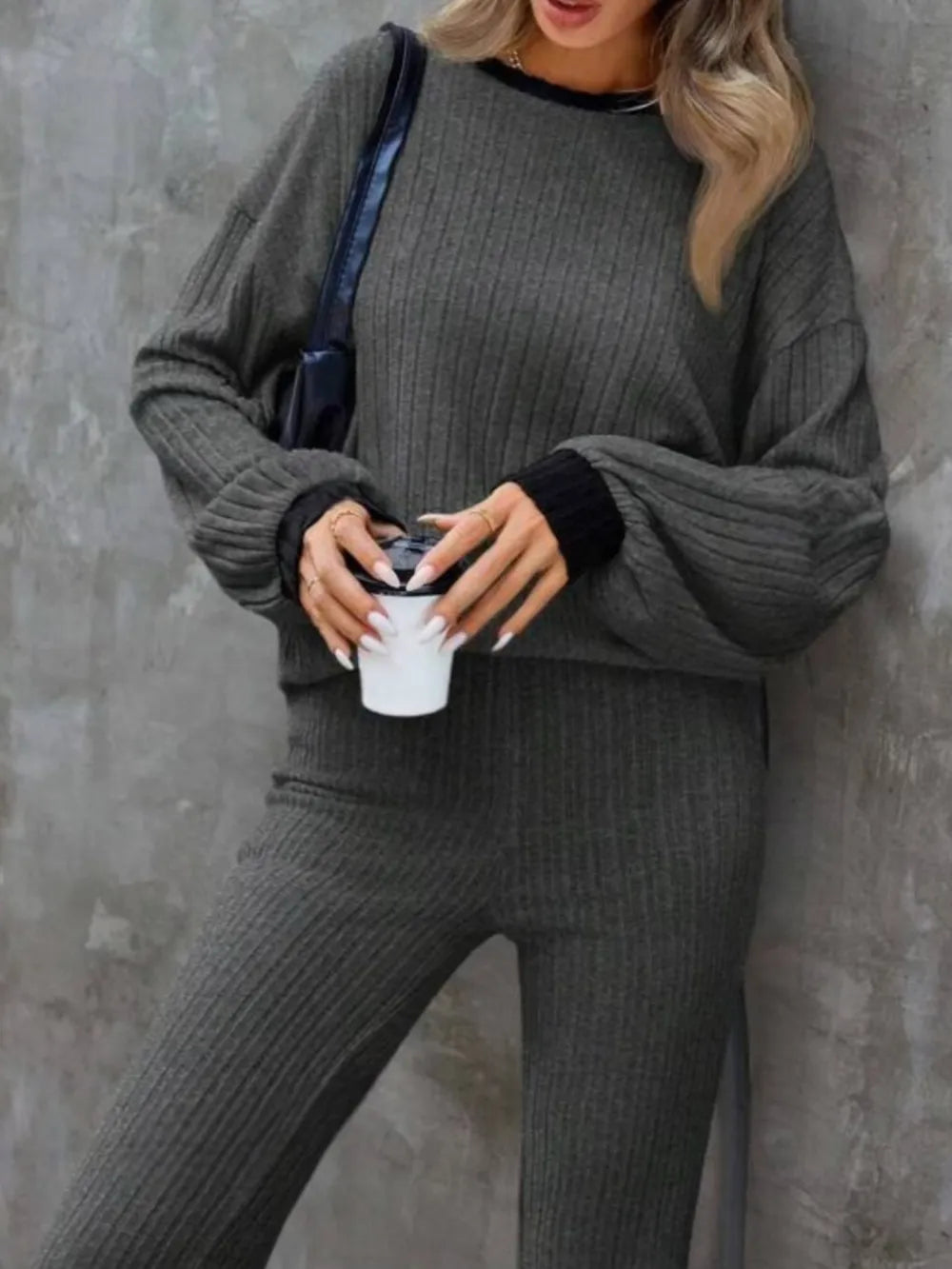 Contrast Round Neck Long Sleeve Top and Bootcut Pants Set - Grace Beauty H&C