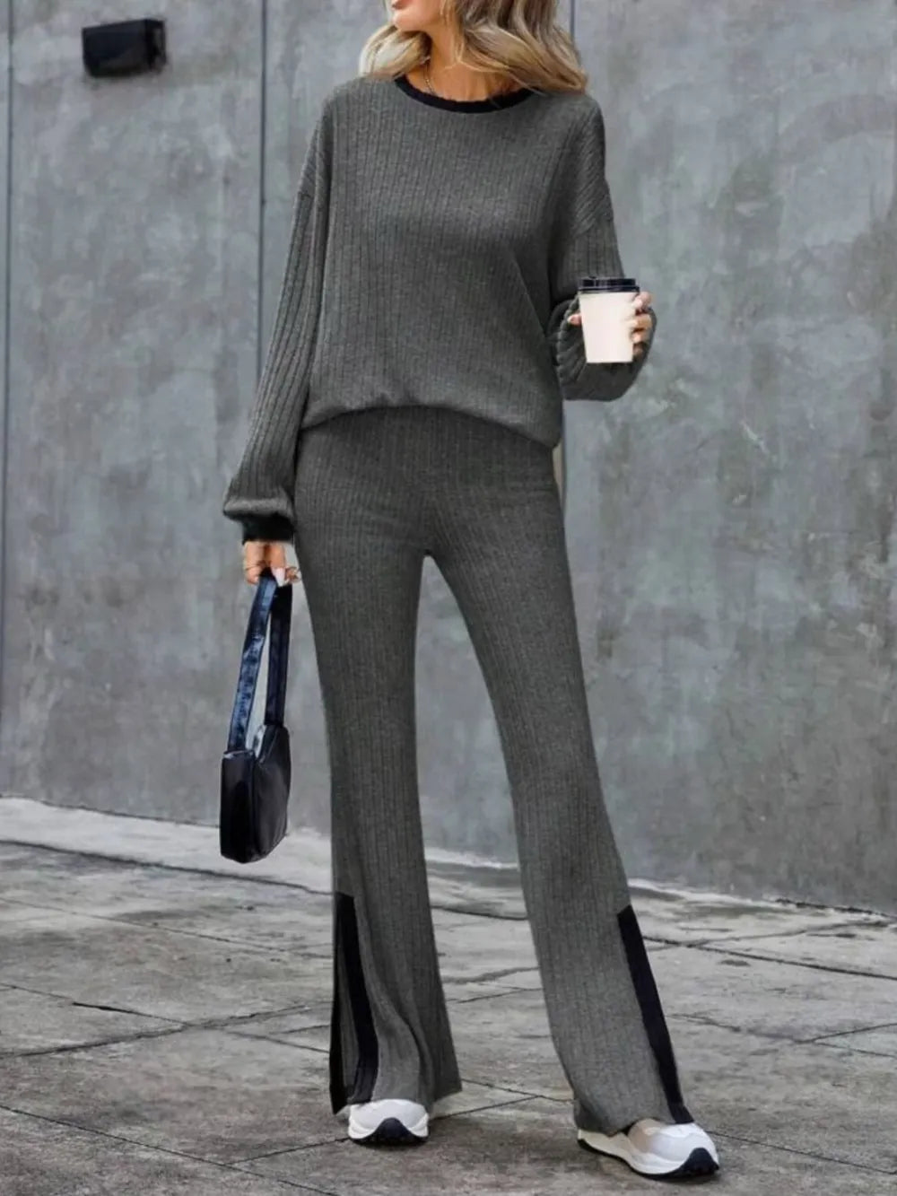 Contrast Round Neck Long Sleeve Top and Bootcut Pants Set - Grace Beauty H&C