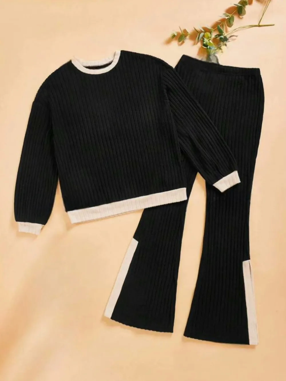Contrast Round Neck Long Sleeve Top and Bootcut Pants Set - Grace Beauty H&C