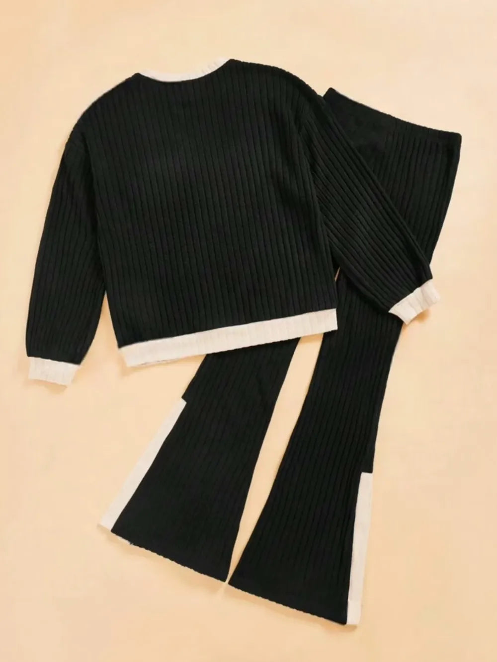 Contrast Round Neck Long Sleeve Top and Bootcut Pants Set - Grace Beauty H&C