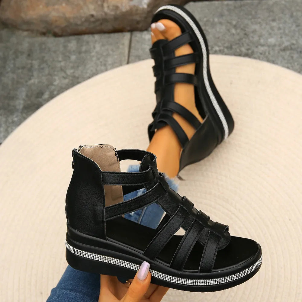Cutout Rhinestone Trim Wedge Sandals - Grace Beauty H&C