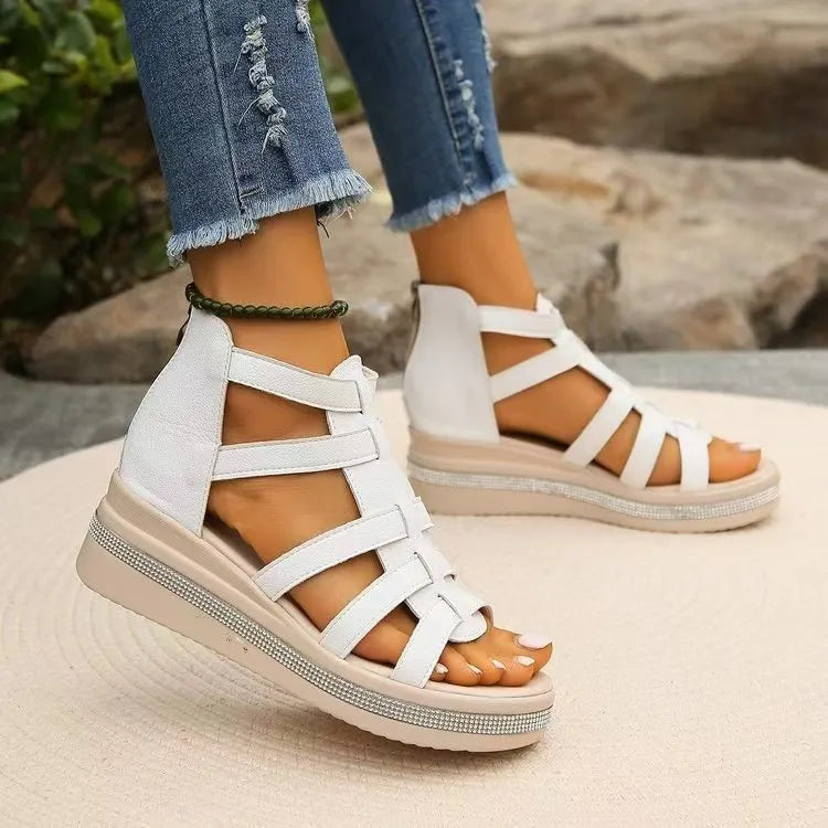 Cutout Rhinestone Trim Wedge Sandals - Grace Beauty H&C