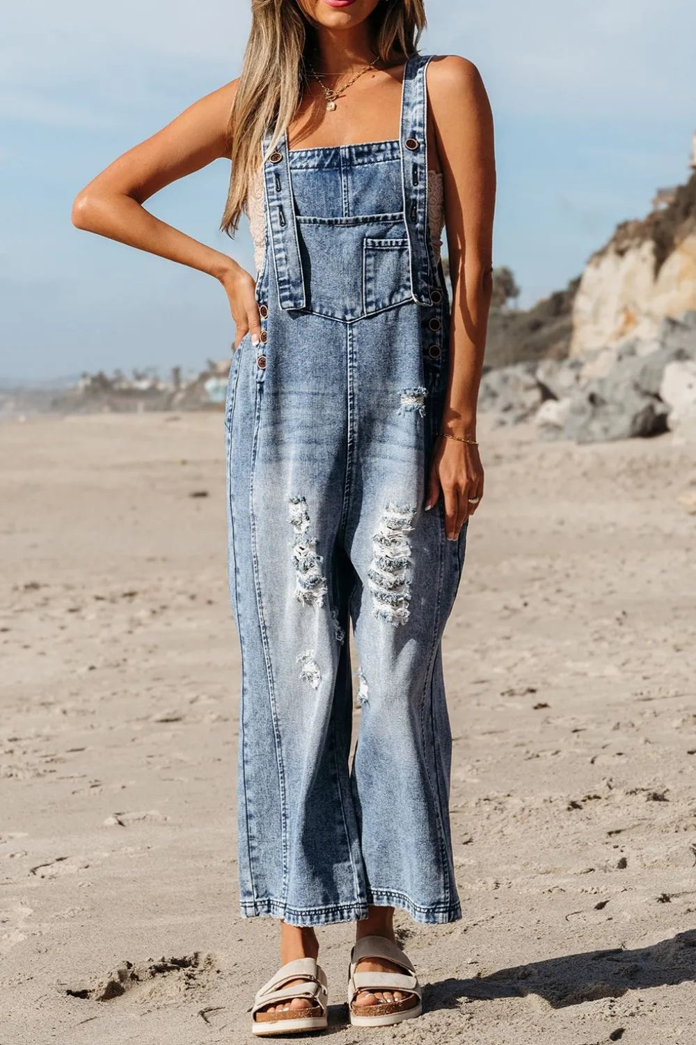 Distressed Denim Overalls – Wide Leg Bib Pocket Jumpsuit - Grace Beauty H&C