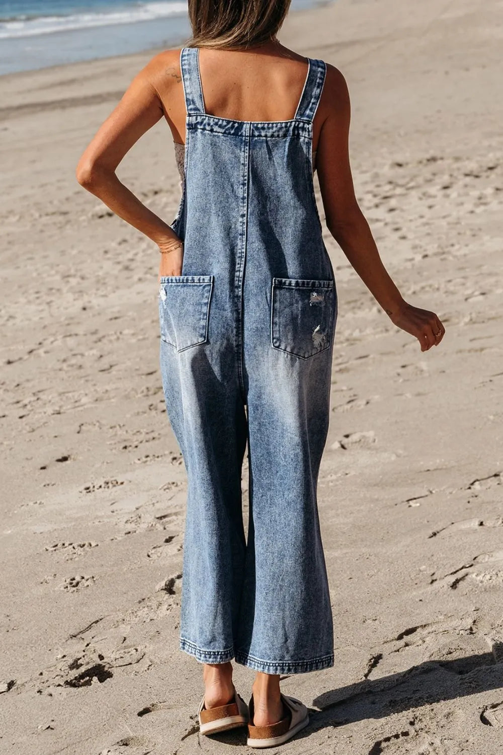 Distressed Denim Overalls – Wide Leg Bib Pocket Jumpsuit - Grace Beauty H&C