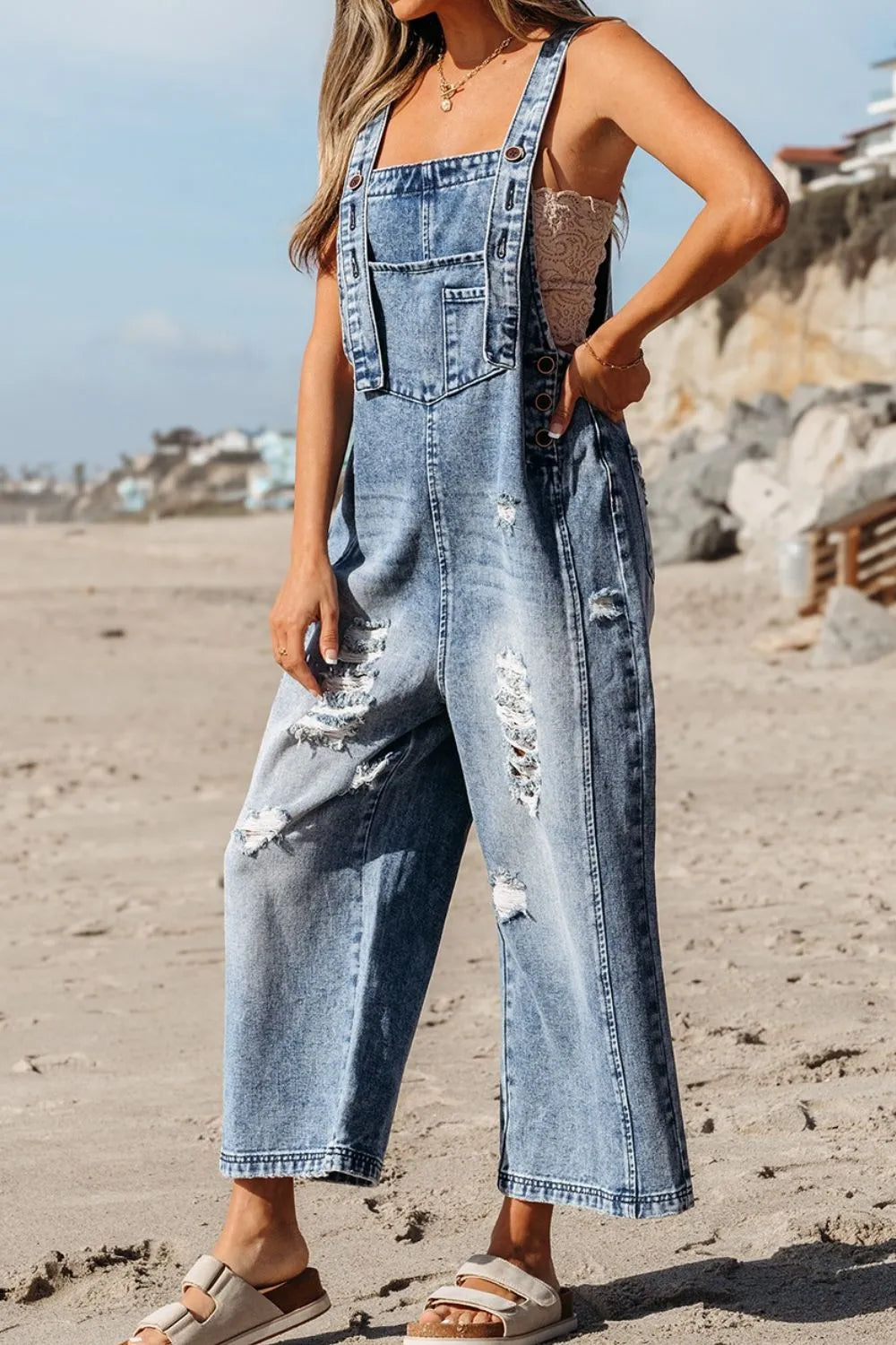 Distressed Denim Overalls – Wide Leg Bib Pocket Jumpsuit - Grace Beauty H&C
