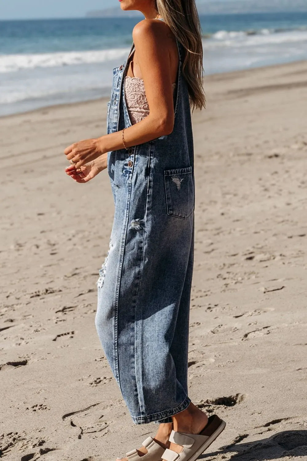 Distressed Denim Overalls – Wide Leg Bib Pocket Jumpsuit - Grace Beauty H&C