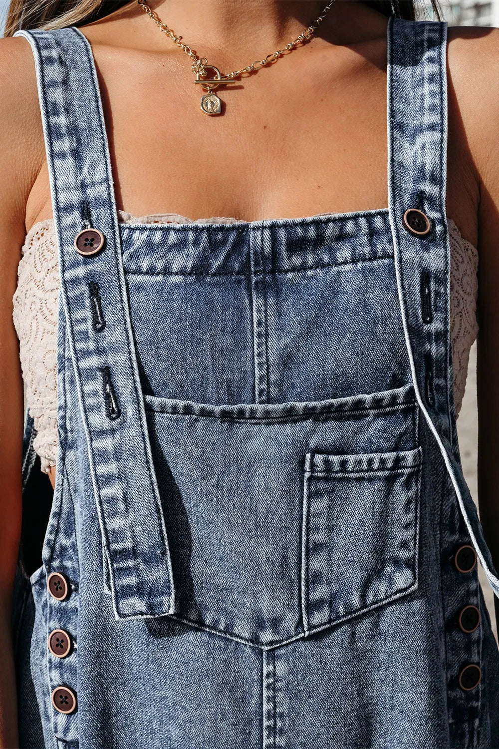 Distressed Denim Overalls – Wide Leg Bib Pocket Jumpsuit - Grace Beauty H&C