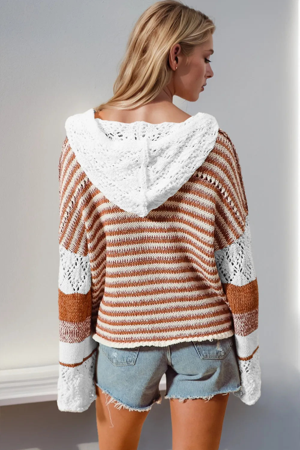 Double Take Full Size Openwork Contrast Long Sleeve Hooded Sweater - Grace Beauty H&C